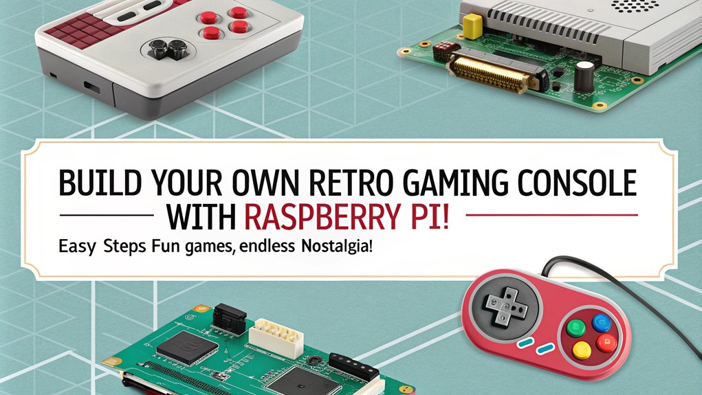 An infographic showcasing how to build a retro gaming console using Raspberry Pi for beginners. Include step-by-step instructions, essential components, and setup tips.
