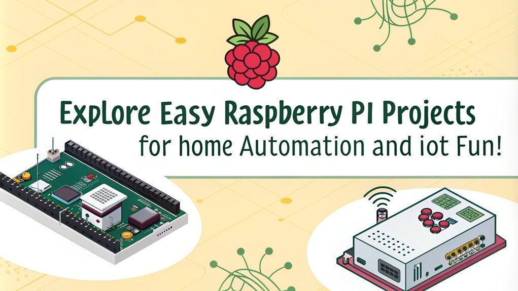 An infographic showcasing fun automation and IoT ideas using Raspberry Pi for beginners. Include simple project examples, benefits, and key components.