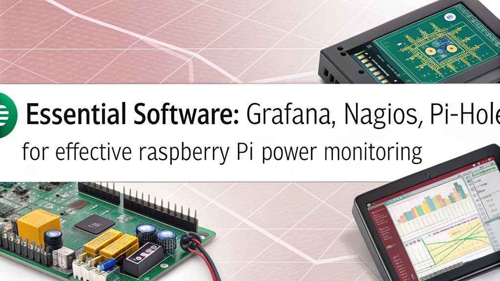 An infographic showcasing essential software tools for monitoring power on a Raspberry Pi. Highlight tools like Grafana, Nagios, and Pi-hole.