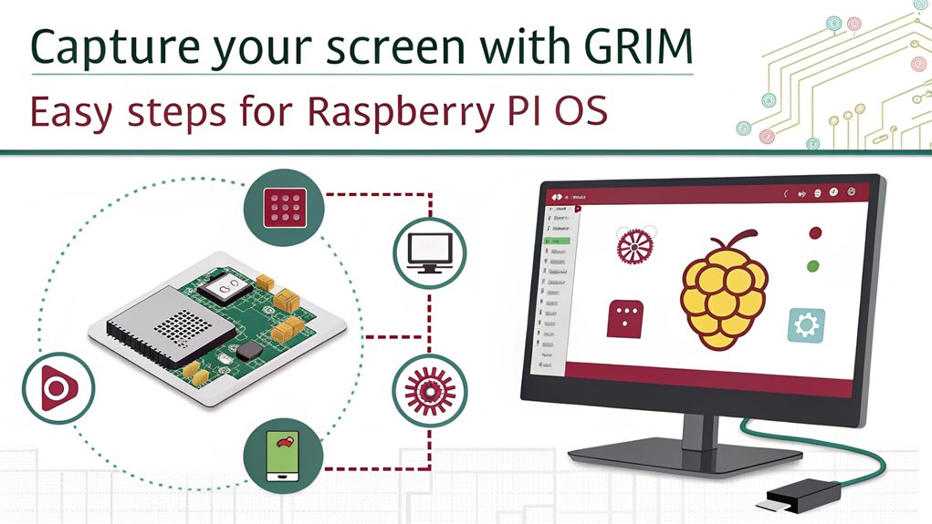 An infographic showcasing how to take a screenshot with Raspberry Pi OS using Grim.