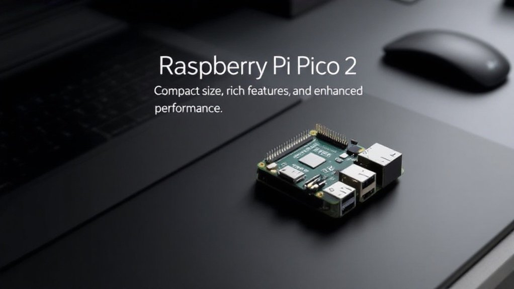 A realistic image showcasing the compact form factor of the Raspberry Pi Pico 2, highlighting its features and connectivity options on a sleek workbench.