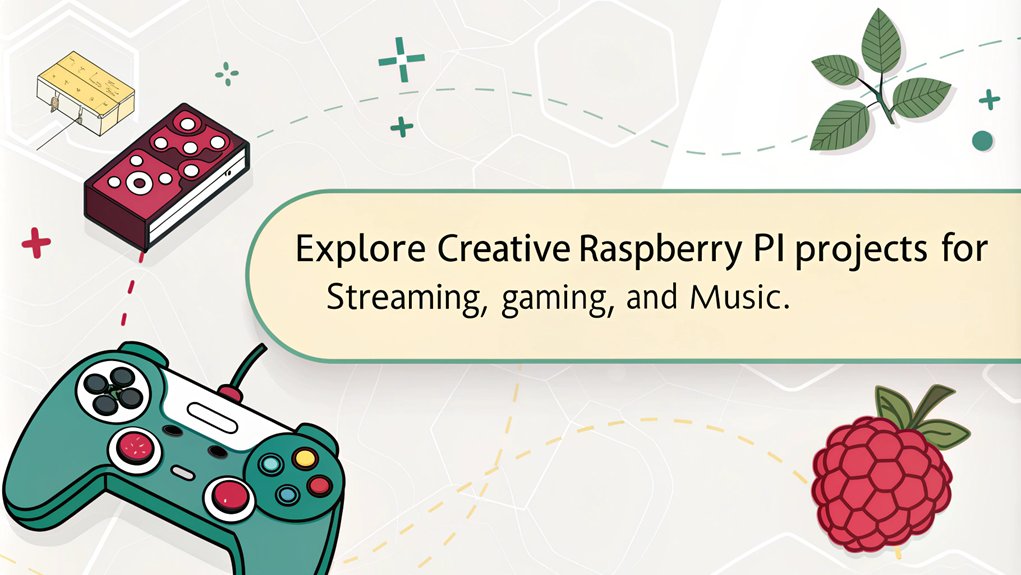 An infographic showcasing beginner-friendly interactive Raspberry Pi projects for media and entertainment. Highlight various options like streaming, gaming, and music creation. The only text in the image is as follows: "Explore creative Raspberry Pi projects for streaming, gaming, and music."