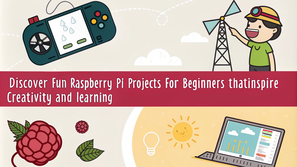 An infographic showcasing beginner-friendly interactive Raspberry Pi projects. Highlight engaging activities like building a weather station, creating a smart mirror, and coding simple games. The only text in the image is as follows: "Discover fun Raspberry Pi projects for beginners that inspire creativity and learning."