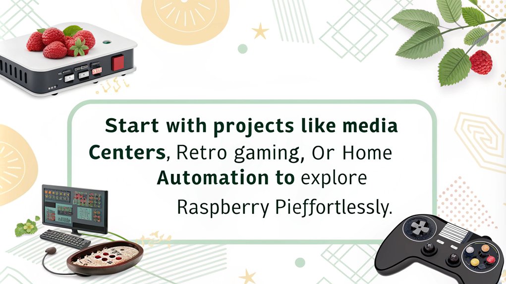 An infographic showcasing Simple Software Projects for Easy Raspberry Pi Projects aimed at new users. Highlight beginner-friendly ideas like setting up a media center or a home automation system.