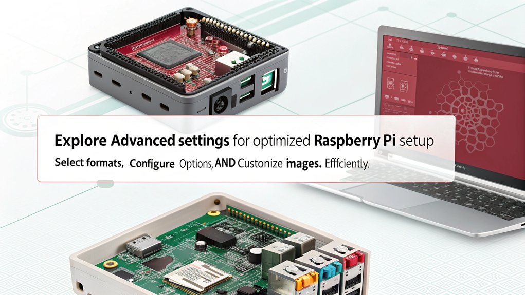 An infographic showcasing the "Advanced Options" feature in Raspberry Pi Imager. Highlight customizable settings, image formats, and advanced configuration processes.