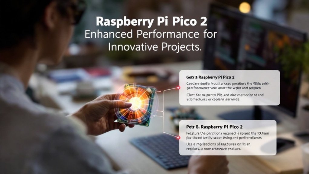 A realistic image showcasing the Raspberry Pi Pico 2 with highlighted features demonstrating its performance improvements. Include a user interacting with the device in a tech-savvy environment.