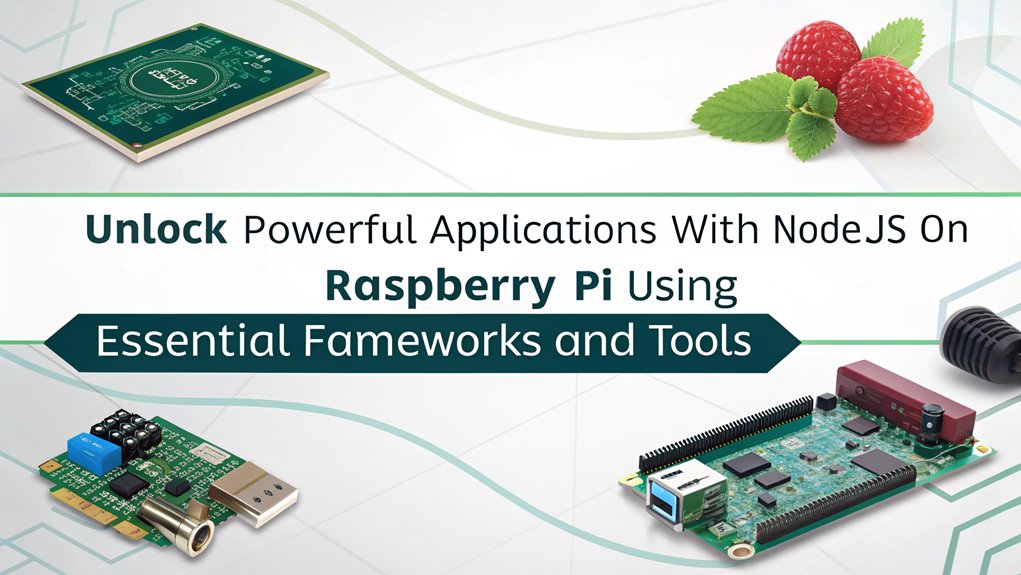 An infographic showcasing the essential software and frameworks for setting up Nodejs on Raspberry Pi. Highlight tools like npm, Express, and MongoDB.