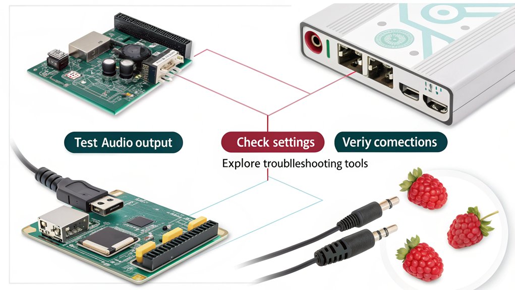 An infographic showcasing steps for testing audio functionality while troubleshooting Raspberry Pi audio issues.