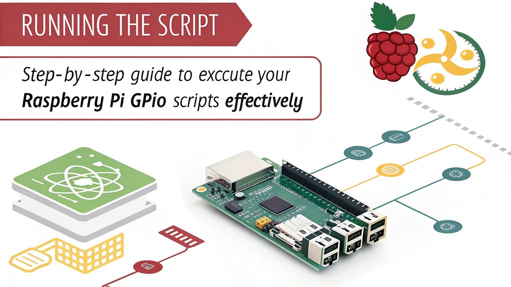 An infographic illustrating "Running the Script" for Python GPIO on Raspberry Pi.