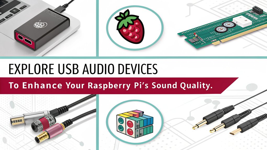 An infographic showcasing USB Audio Devices for Raspberry Pi audio mastering. Highlight 6 output methods, their features, and benefits.