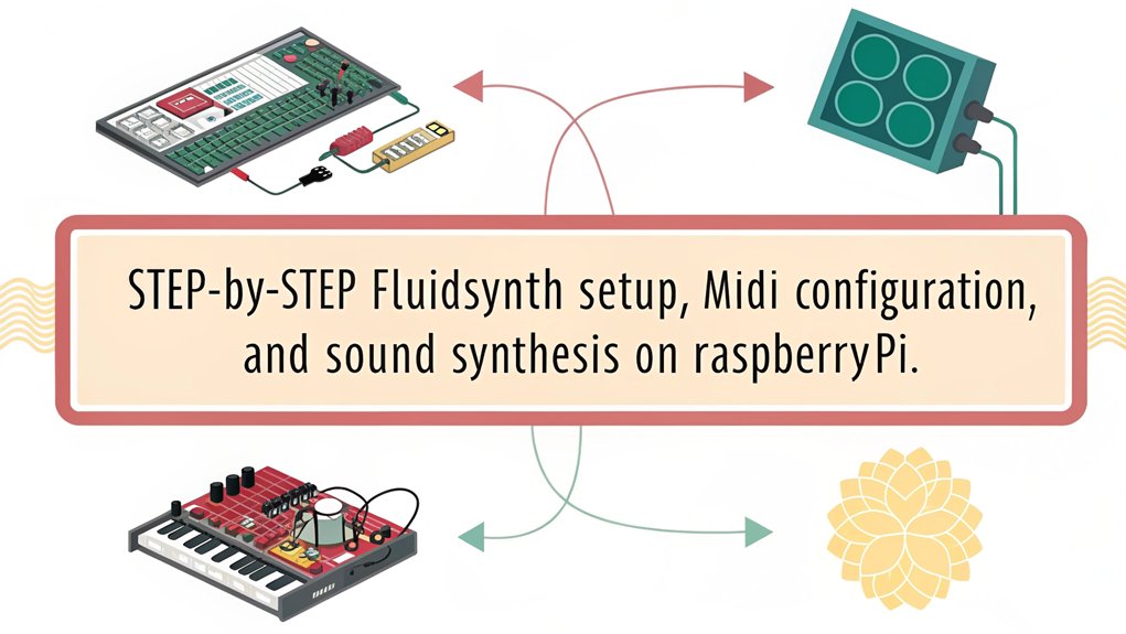 An infographic showcasing the process of using FluidSynth for sound generation while building a MIDI sampler with a Raspberry Pi.