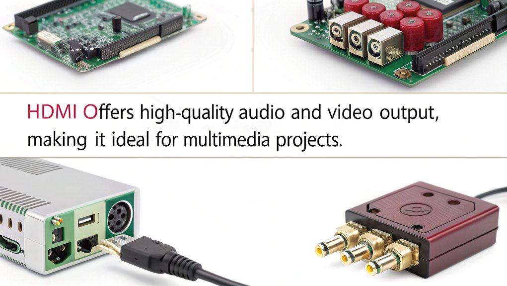 An infographic showcasing HDMI Audio Output in mastering Raspberry Pi audio. Highlight key features, benefits, and comparisons with other output methods.