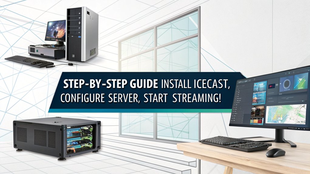 An infographic detailing the Icecast installation process for  Mini PC icecast streaming. Highlight steps from setup to advanced configurations, ensuring clarity for beginners and pros alike.
