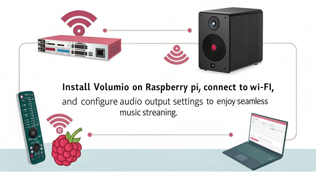 An infographic showcasing the Initial Configuration for setting up a Raspberry Pi Music Server with Volumio. It should visually represent the setup process, highlighting key steps including software installation and network setup.