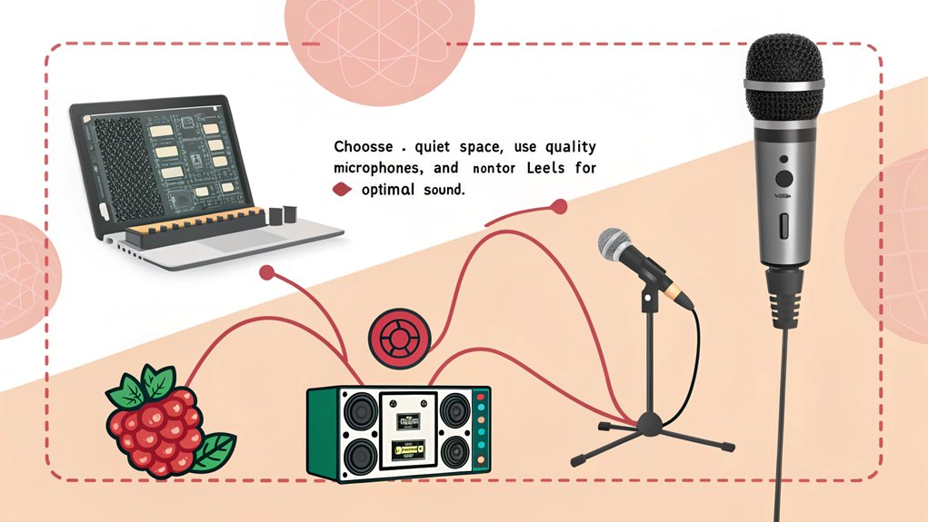 An infographic illustrating tips for achieving better audio recordings with a Raspberry Pi. Highlight essential techniques, including environment preparation, equipment selection, and microphone placement. 