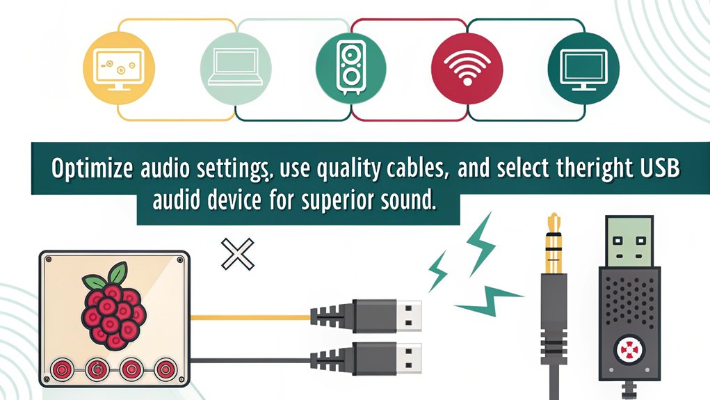 An infographic illustrating tips for enhancing sound quality when connecting USB audio devices to Raspberry Pi. 