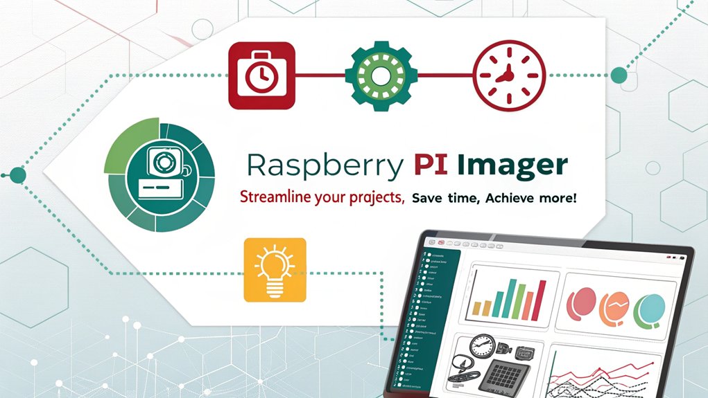 An infographic highlighting time and efficiency savings when using Raspberry Pi Imager for DIY projects. Illustrate quick setup, user-friendly interface, and saved hours.