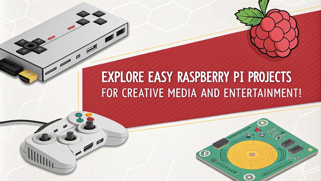 An infographic showcasing creative media and entertainment projects using Raspberry Pi for beginners. Highlight fun, simple projects such as building a media server or gaming console.