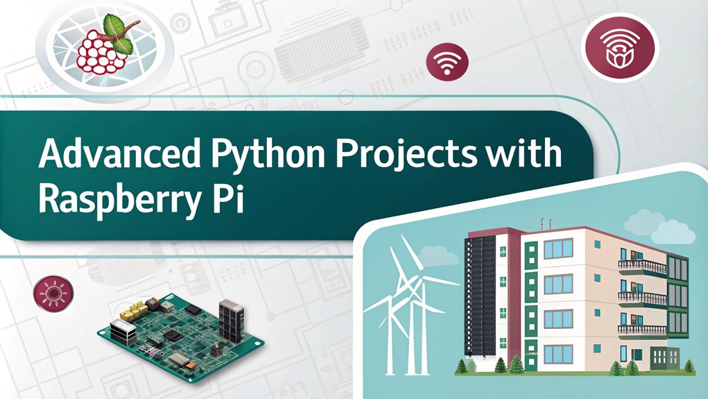 An infographic about Advanced Project Ideas in the context of Master Python for Your Raspberry Pi Projects. The infographic should include sections on:  - Home Automation - IoT Sensor Networks - Machine Learning Applications - Robotics and Automation - Media Centers and Home Entertainment 