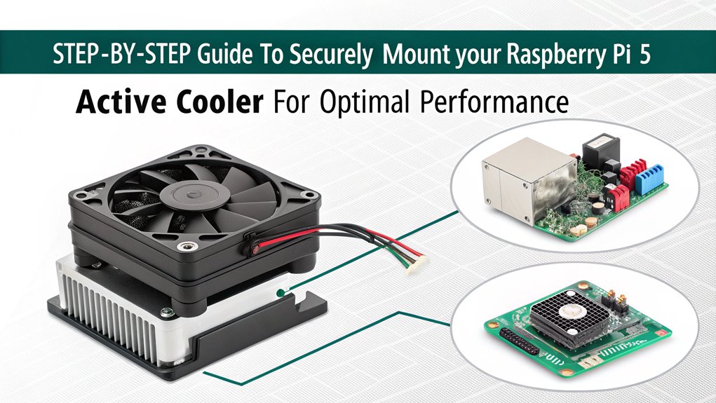 An infographic illustrating the steps to mount the Active Cooler for the Raspberry Pi 5 cooling fan. Include visuals for tools and installation guidance.