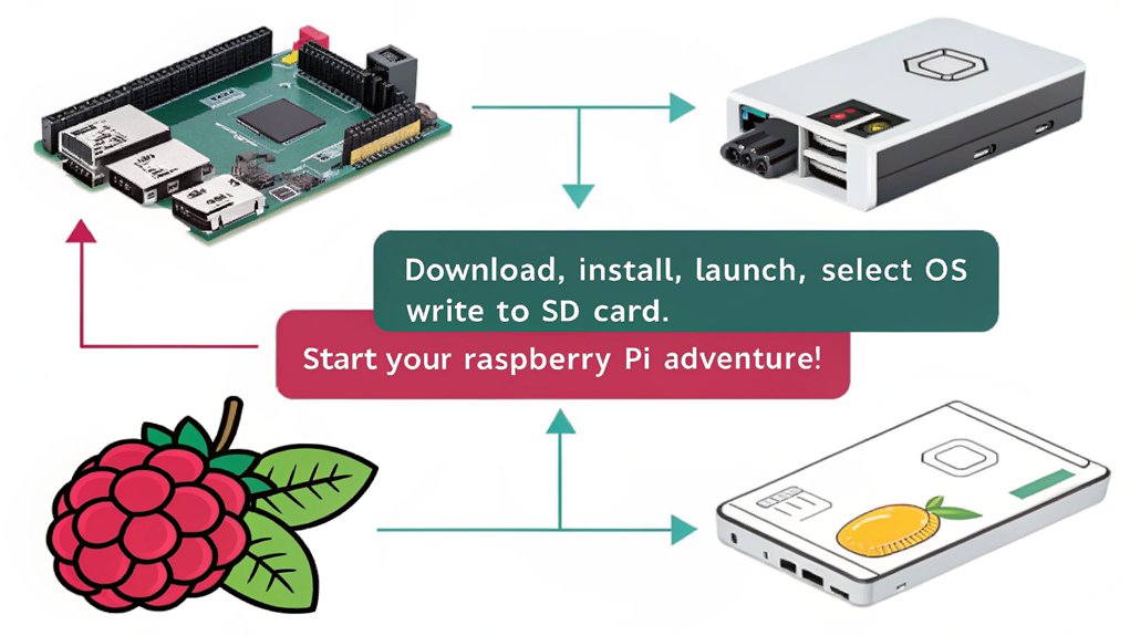 An infographic showcasing the setup and usage of Raspberry Pi Imager. Highlight key steps such as downloading, installation, and initiating first-use procedures.