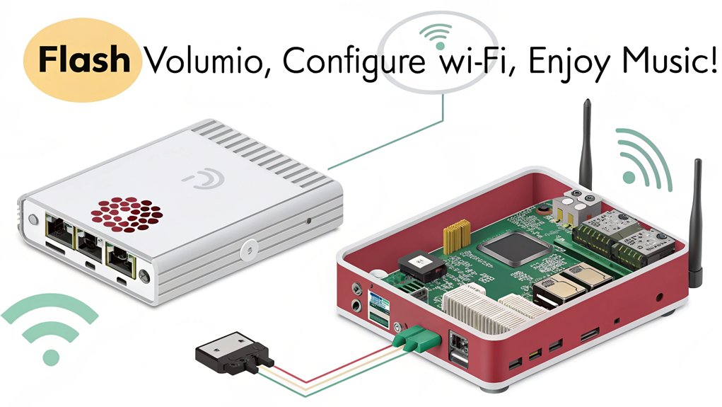 An infographic illustrating the Installation Process for setting up a Raspberry Pi Music Server with Volumio. The steps include flashing the Volumio image, configuring Wi-Fi, and connecting to the interface.