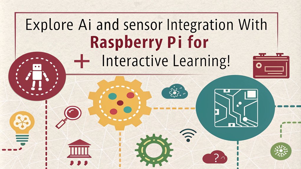 An infographic showcasing beginner-friendly interactive Raspberry Pi projects that utilize sensors and AI applications. Highlight project ideas, benefits, and tips for implementation. The only text in the image is as follows: "Explore AI and sensor integration with Raspberry Pi for interactive learning!"
