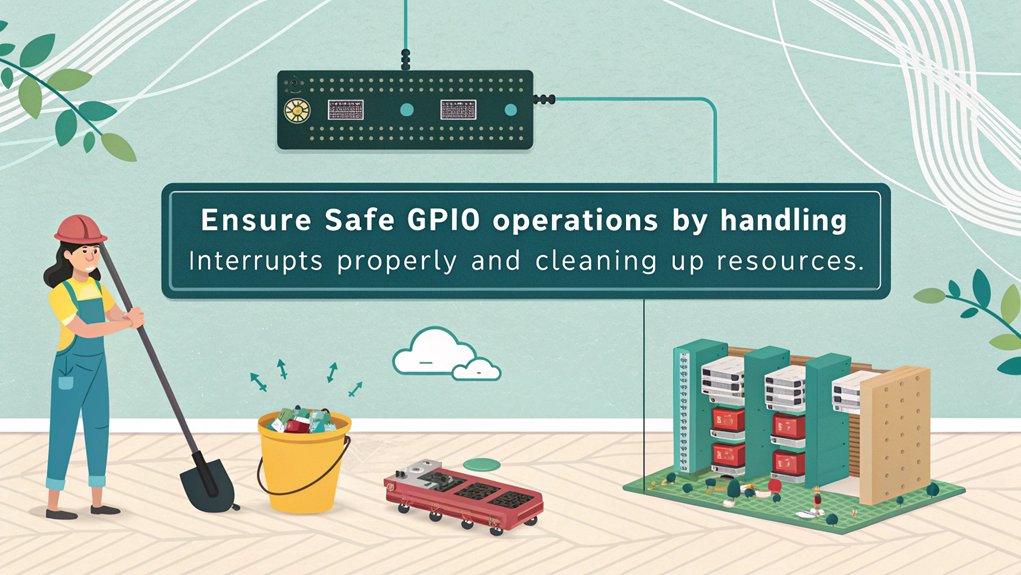 An infographic showcasing Handling Interrupts and Cleanup in Raspberry Pi GPIO scripting.