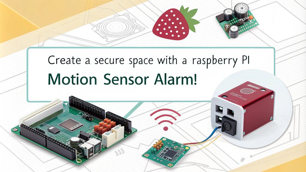 An infographic showcasing a Motion Sensor Alarm as a fun Raspberry Pi project for beginners. Highlight its components, setup process, and practical applications.