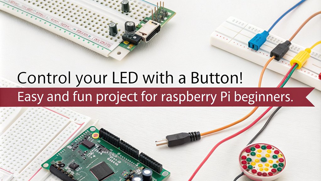 An infographic showcasing a Button Controlled LED project using Raspberry Pi for beginners. Highlight the simplicity and fun of this project, including basic wiring and coding steps.