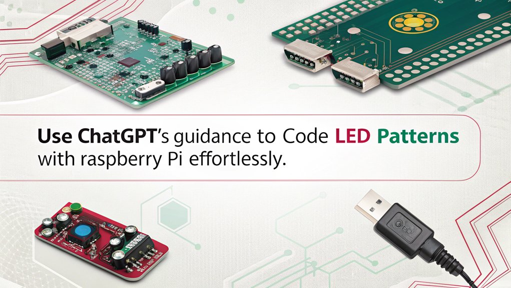 An infographic showcasing how to integrate ChatGPT with Raspberry Pi LED projects. Highlight programming tips, command examples, and smart lighting solutions.