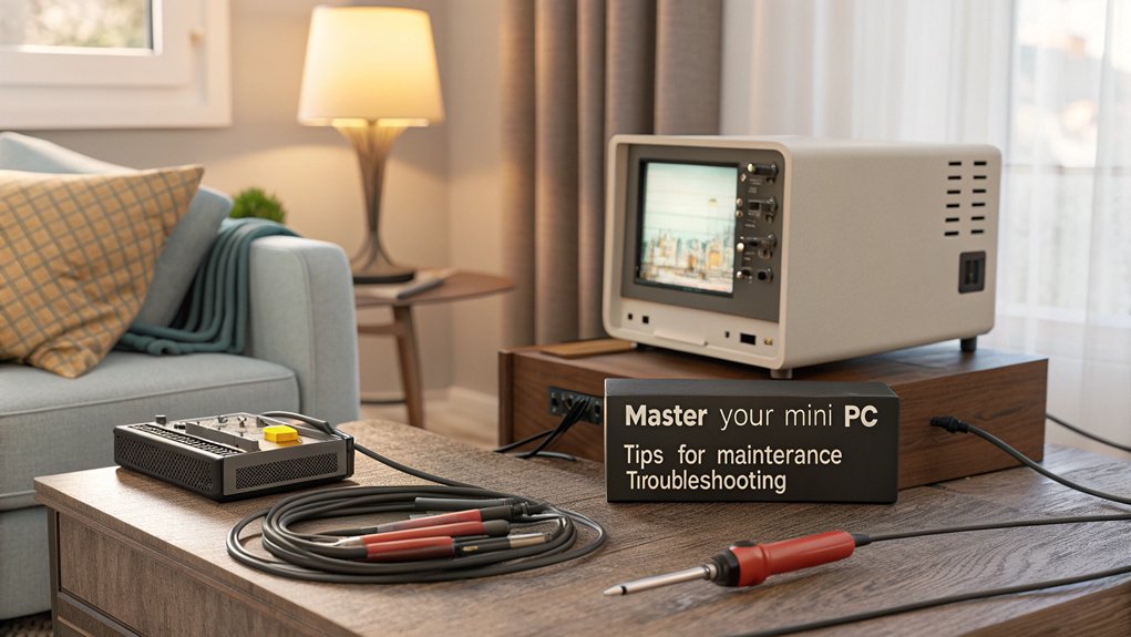 A realistic image depicting a DIY mini PC TV setup in a cozy living room. Include tools like a screwdriver, cables, and a guidebook for maintenance tips.