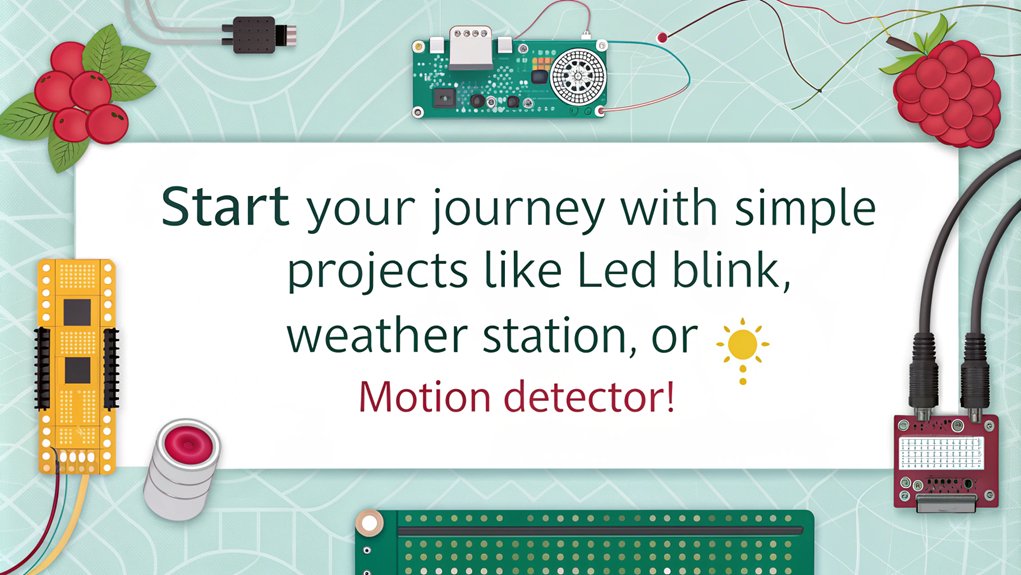 An infographic showcasing easy Raspberry Pi projects for beginners in electronics and coding. Highlight fun and educational projects that inspire creativity and learning.