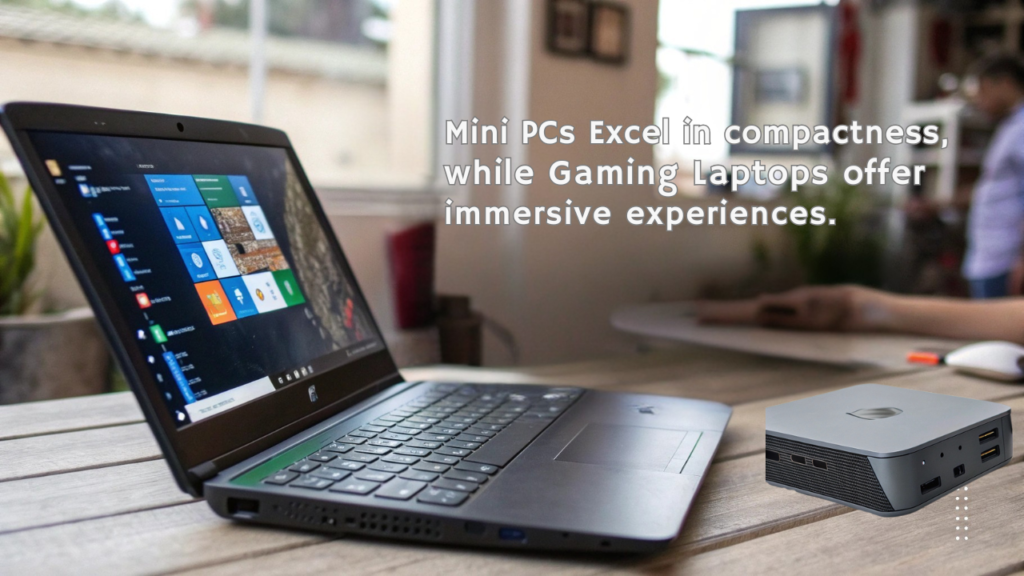 An infographic comparing Ideal Use Cases for Mini PCs vs Gaming Laptops. Highlight performance, portability, and cost-effectiveness.