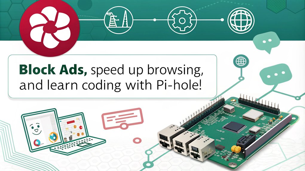 An infographic showcasing the Pi-Hole Network Ad Blocker as a fun Raspberry Pi project for beginners. Highlight its setup, benefits, and impact on network performance.