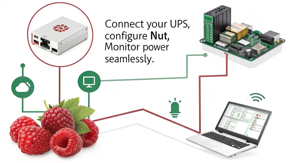 An infographic about integrating NUT with a UPS on a Raspberry Pi. Illustrate easy setup, UPS monitoring, and power management.