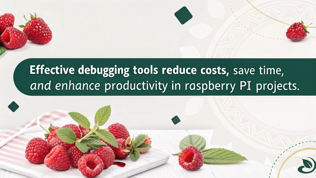 An infographic showing the cost efficiency of debugging solutions for Raspberry Pi, emphasizing effective debugging tools. Highlight the benefits and savings from implementation.
