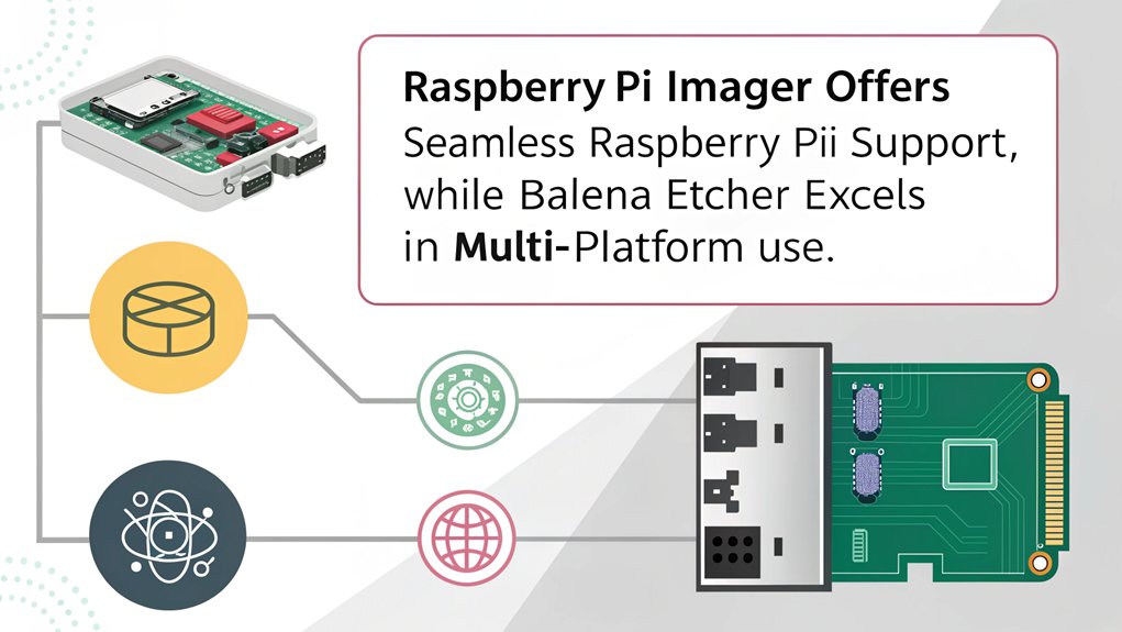 An infographic comparing Raspberry Pi Imager vs Balena Etcher, highlighting their features and functionality.