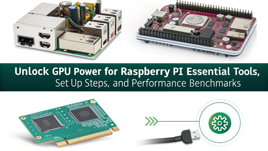 An infographic showcasing Performance and Benchmark Insights on using a GPU with a Raspberry Pi. Highlight key requirements, setup tips, and performance metrics.