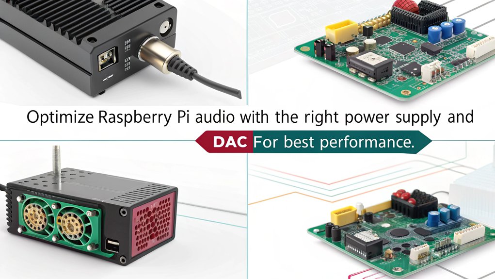 An infographic showcasing the power and amplification needs for enhancing Raspberry Pi audio with external DACs. Highlight optimal voltage, current requirements, and amplification options.