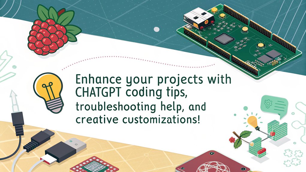 An infographic about extending and customizing Raspberry Pi LED projects using ChatGPT. Highlight tips for coding, troubleshooting, and enhancing functionality.