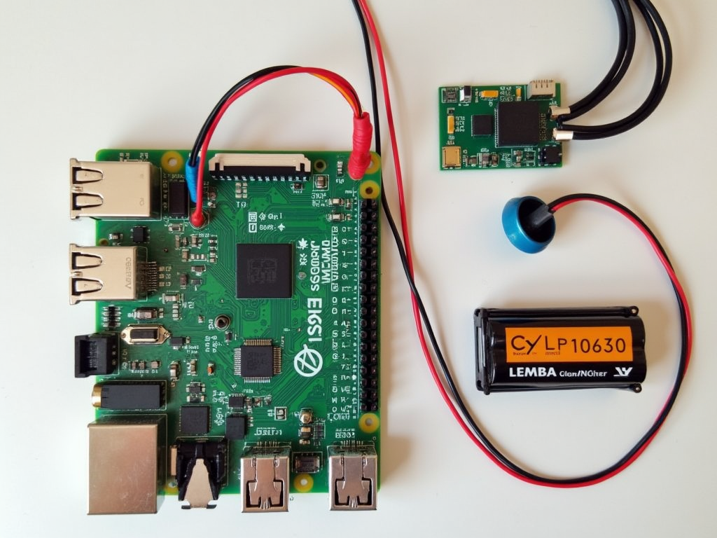 A neatly arranged Raspberry Pi Voltage and Current Monitor setup with wires, sensors, and a small battery pack showing data being logged