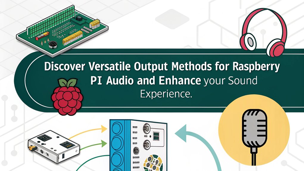 An infographic showcasing the Overview of Raspberry Pi Audio, highlighting 6 output methods for mastering audio.