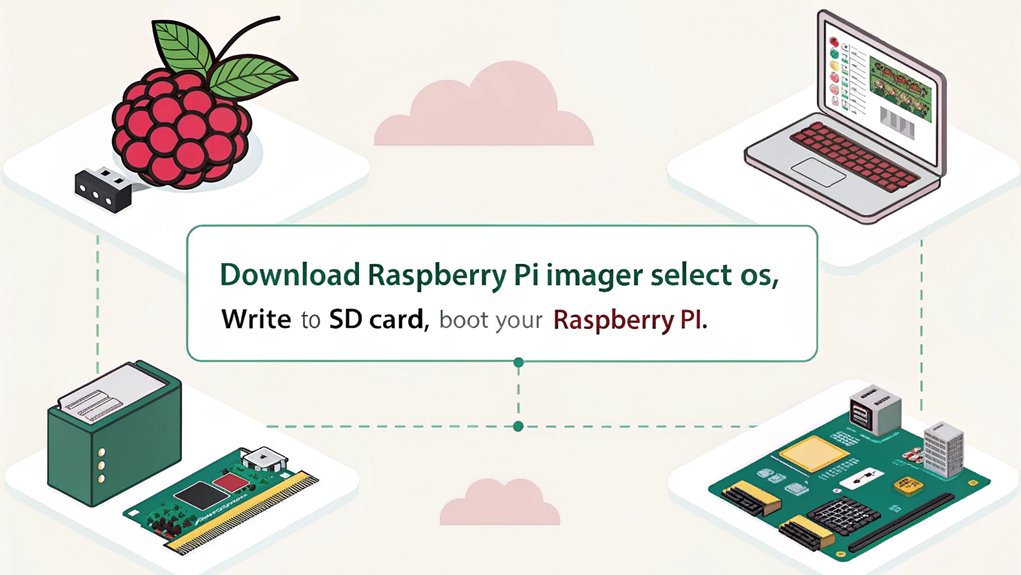 An infographic illustrating the steps to Setting Up Your Raspberry Pi using Raspberry Pi Imager. Include visuals for easy understanding. 