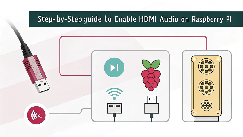 An infographic detailing the step-by-step process of configuring HDMI audio output on Raspberry Pi via the Raspberry Pi OS