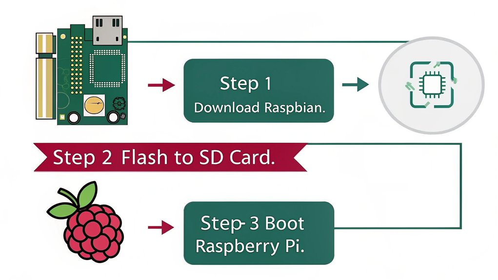:An infographic illustrating the steps to install Raspbian OS for building a MIDI sampler with a Raspberry Pi.