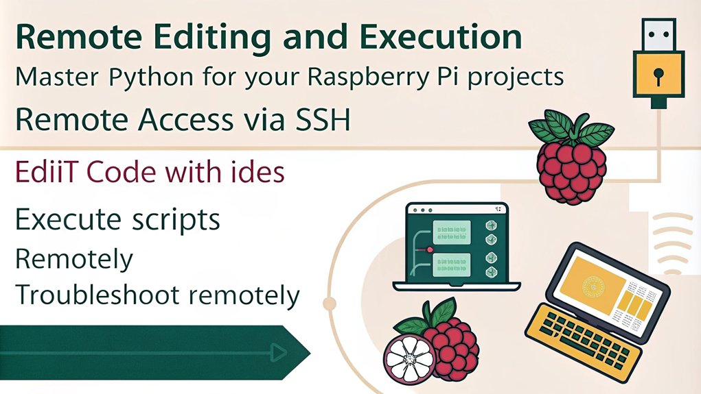 An infographic about Remote Editing and Execution in the context of Master Python for Your Raspberry Pi Projects.