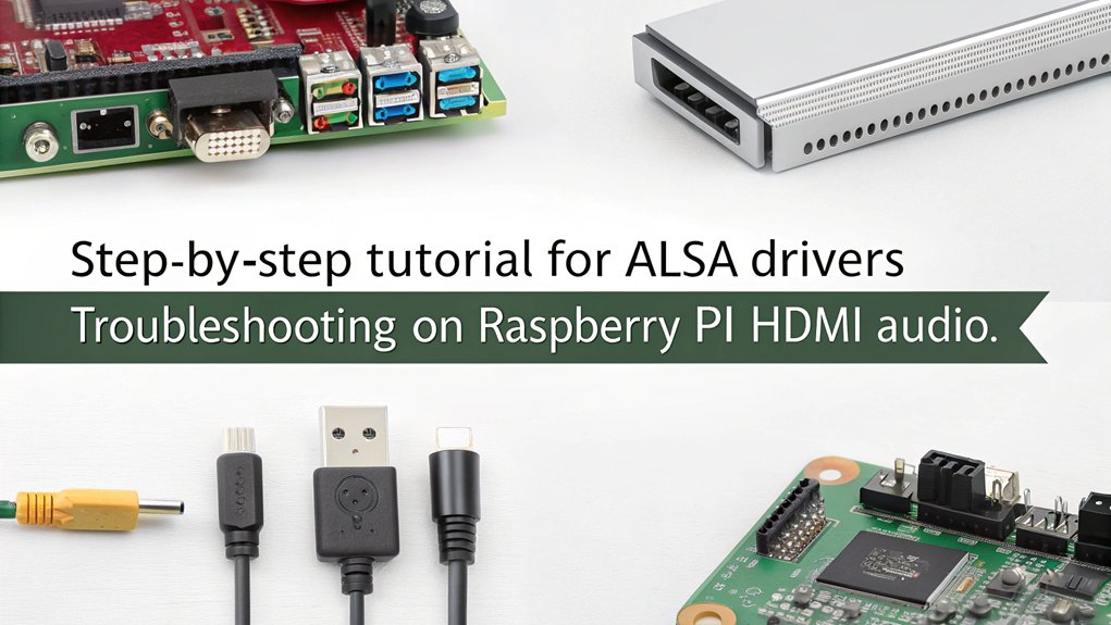 An infographic illustrating troubleshooting steps for ALSA drivers to configure HDMI audio output on Raspberry Pi.