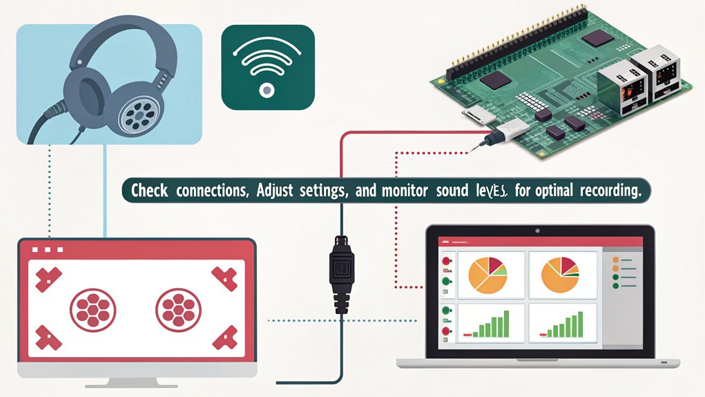 An infographic illustrating troubleshooting common issues when recording audio with Raspberry Pi.