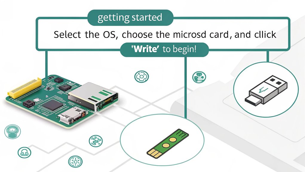 An infographic showcasing the process of writing to the MicroSD card using Raspberry Pi Imager. Highlight steps for beginners, emphasizing ease of use and essential tips.